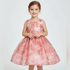 PLACE Girls Dress Size 5 Pink Coral Gold Floral Party Sleeveless Gathered Waist